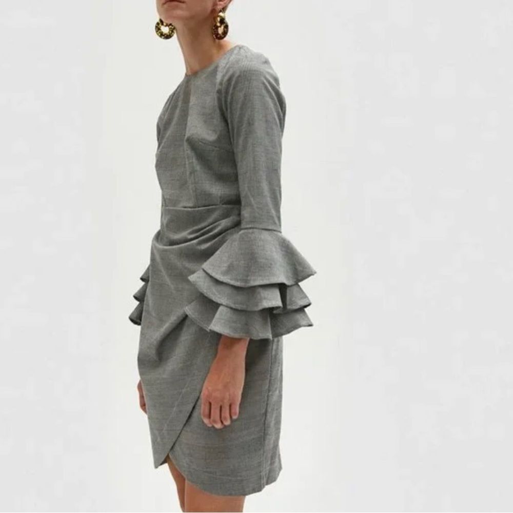 Beulah Style Farrow State Gray Houndstooth Ruffle Sleeve Dress Size L